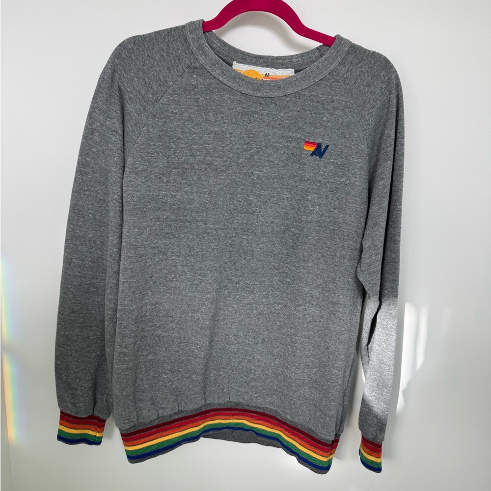 Aviator Nation Gray Crewneck with Rainbow Trim